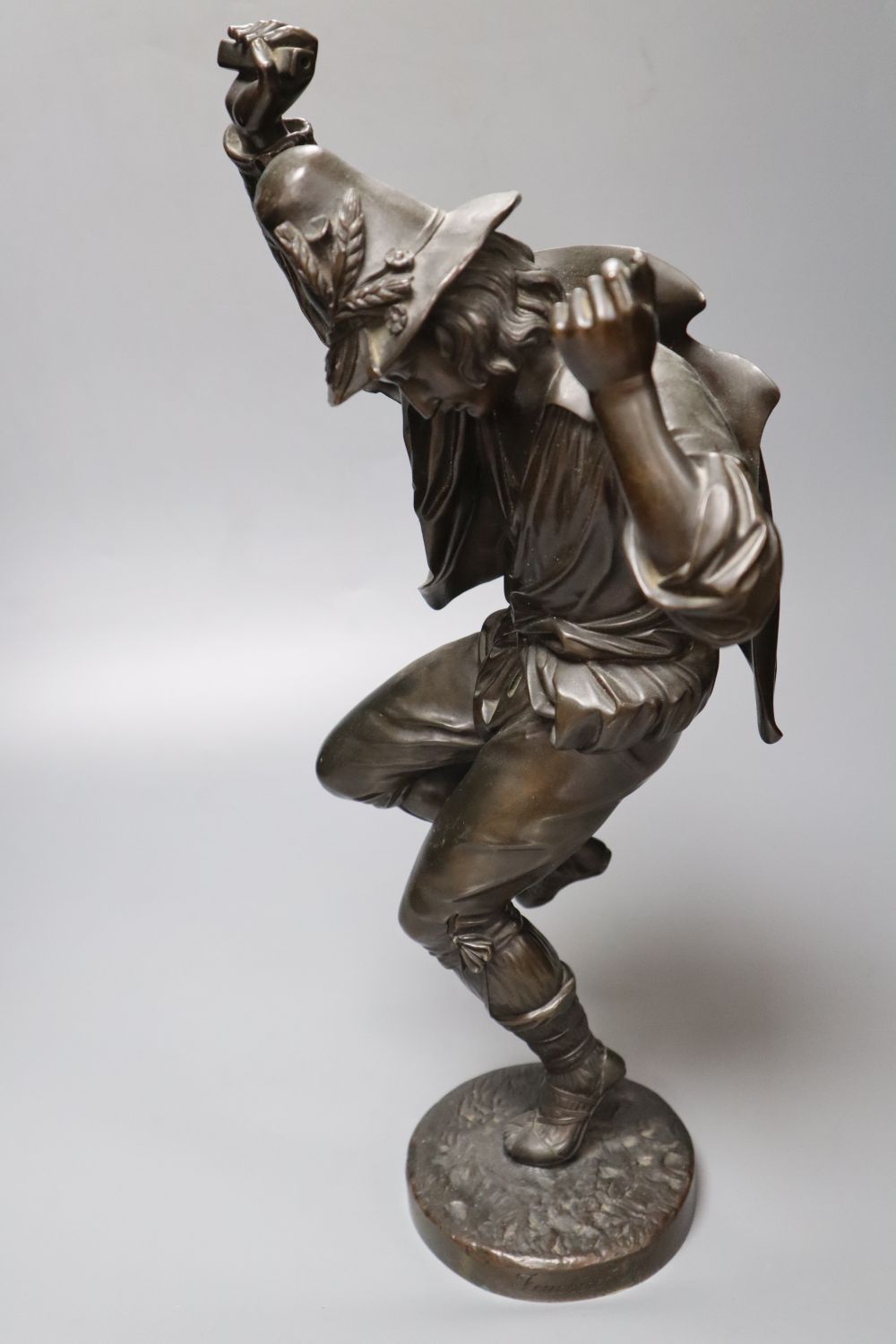 Jean Jacques Feuchere (1807-1852), bronze, Sword Dancer, foundry E. de LaBroue, signed to circular base (missing sword)